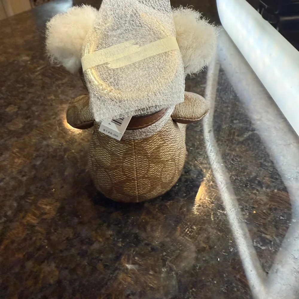 Rare Coach Monogram Tan and Cream Sitting Teddy Bear Keychain